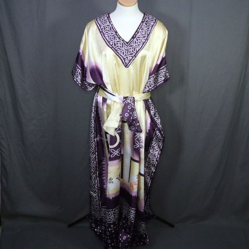 Ashro Caftan with belt-tie-wrap-scarf Gold/Purple One Size Fit 3x also